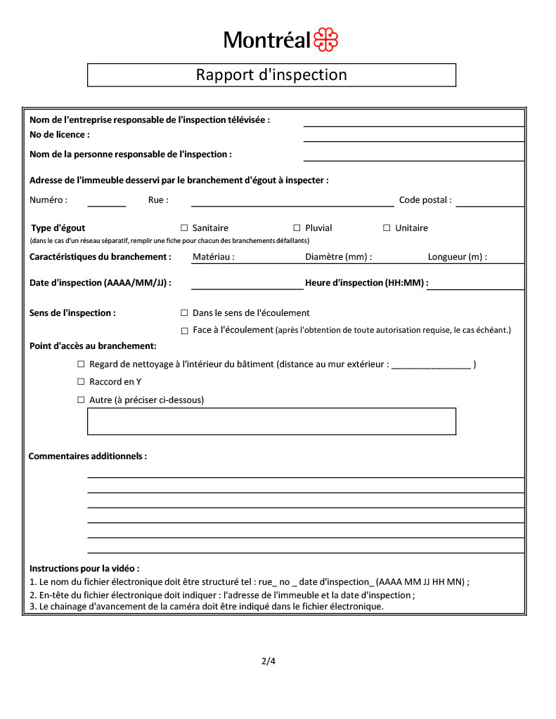 Formulaire officiel de rapport d'inspection télévisée des branchements d'égout de la Ville de Montréal.