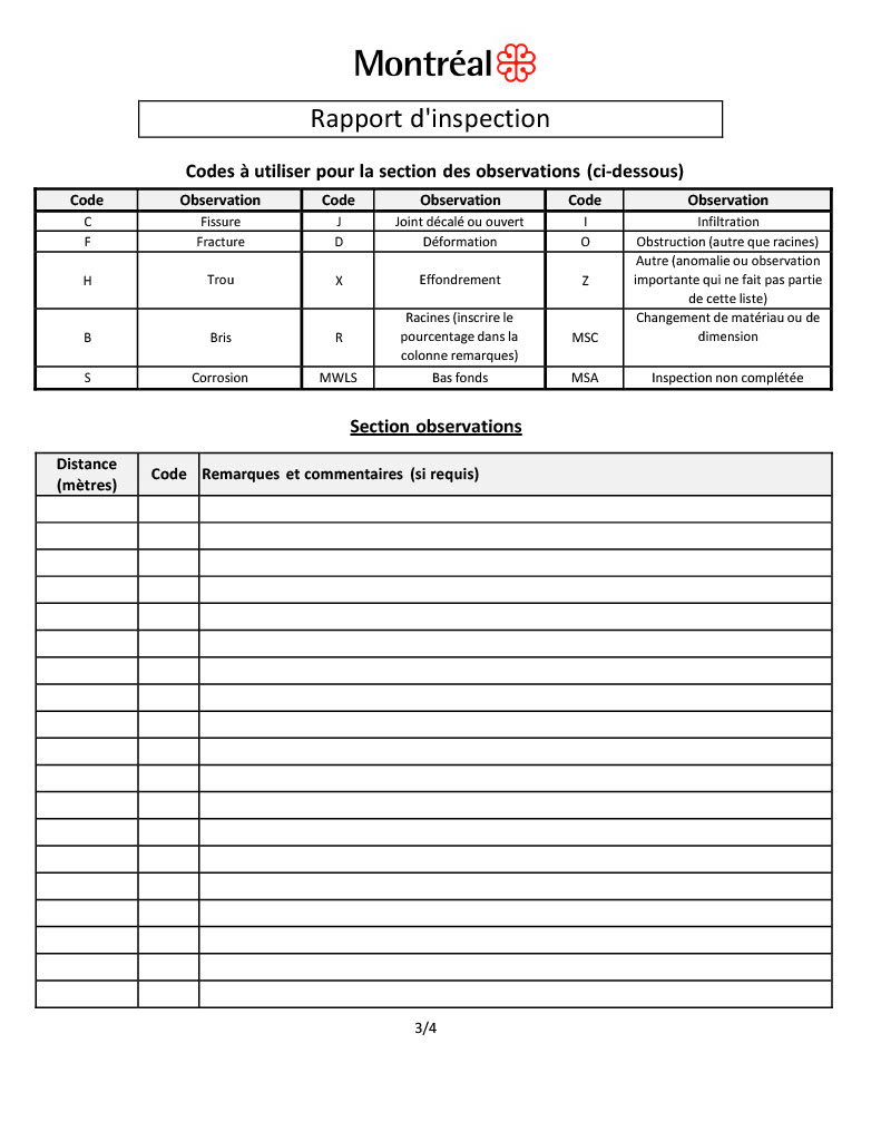 Tableau officiel des codes d’observation et grille de notation pour la section des anomalies d'un rapport d'inspection d'égout de la Ville de Montréal.