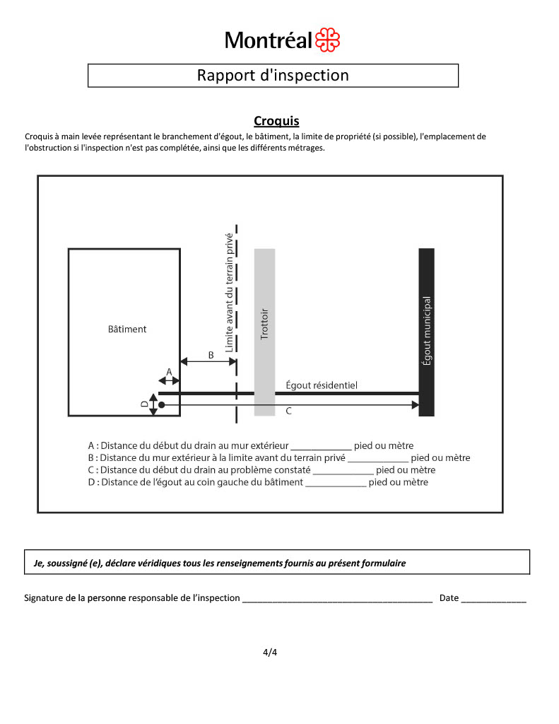Schéma et croquis technique d'un branchement d'égout résidentiel relié au réseau d'égout municipal avec mesures de distance