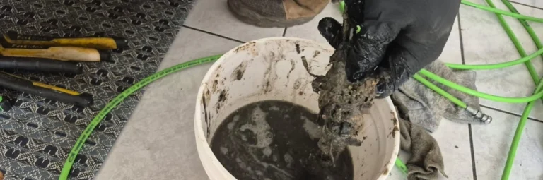Deposits removed from a kitchen drain, held over a bucket during a Flow Pro service visit.