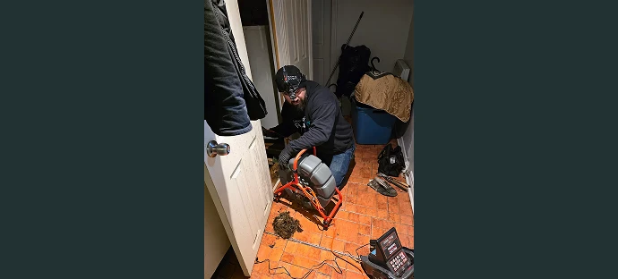A professional plumber using a motorized drain cleaning machine to clear pipes inside a home